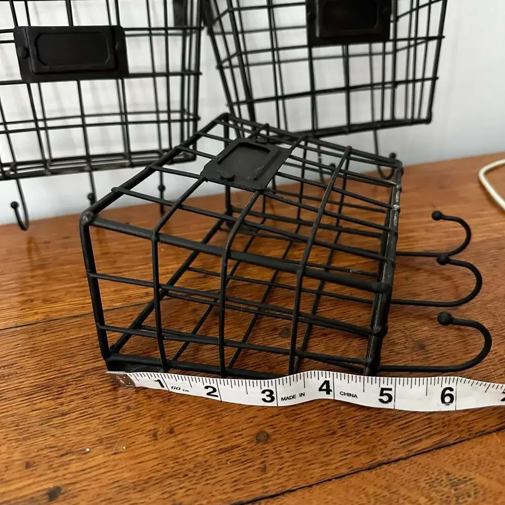 Set of 3 Industrial Black Wire Wall Mount Storage Baskets with Hooks and Label H